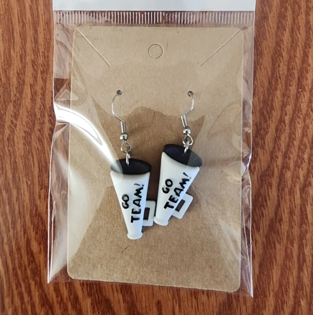 Go Team White Megaphones Cheerleader Stainless Steel Fishhook Earrings